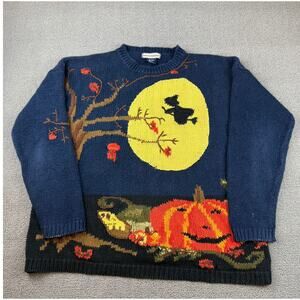 Vantage Lauren Hansen Medium Blue Pumpkin Witch Halloween Knit Sweater